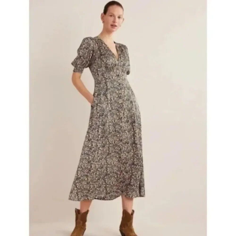 Boden Womens Midi Dress UK 16 US 12 Multicolor Floral Satin Tea V-Neck D0467 NWT
